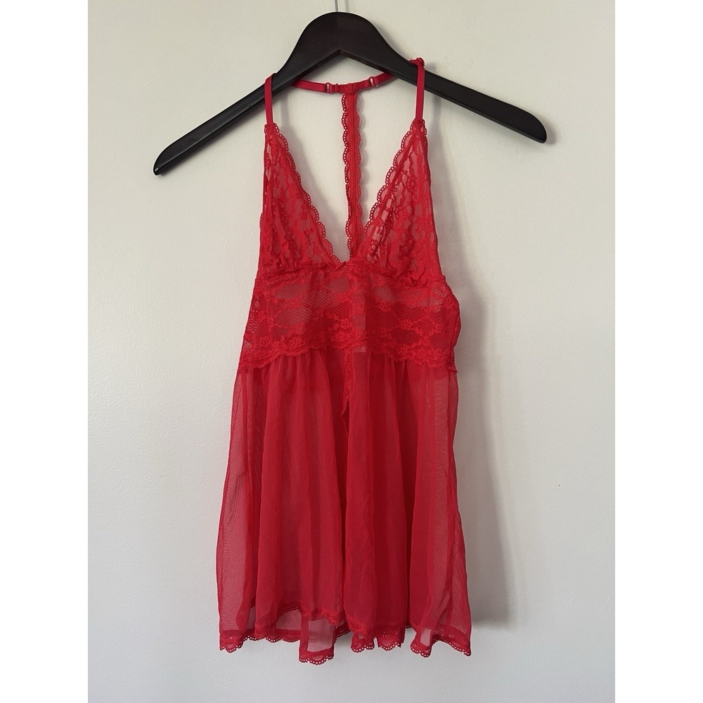 Victorias Secret Camisole Small Red Coral Sheer Lace Babydoll Dainty Coquette